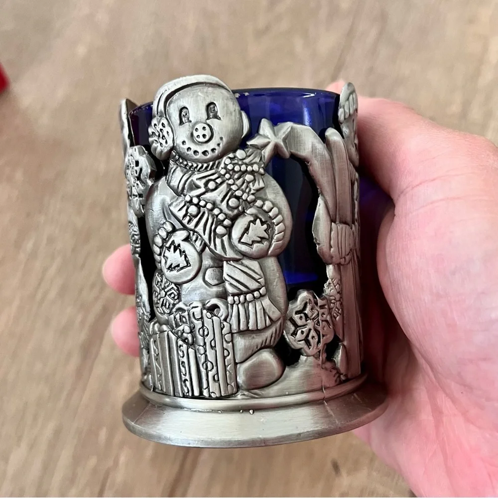 NIB Home For The Holidays Mini Votive Candle Holder Pewter Blue Glass Snow‎ Man